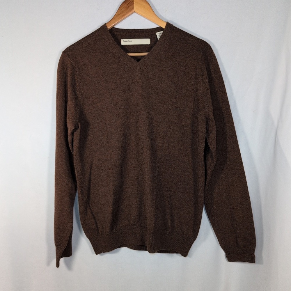 Perry Ellis Brown V-Neck Long Sleeve 100% Merino Wool Sweater Sz S